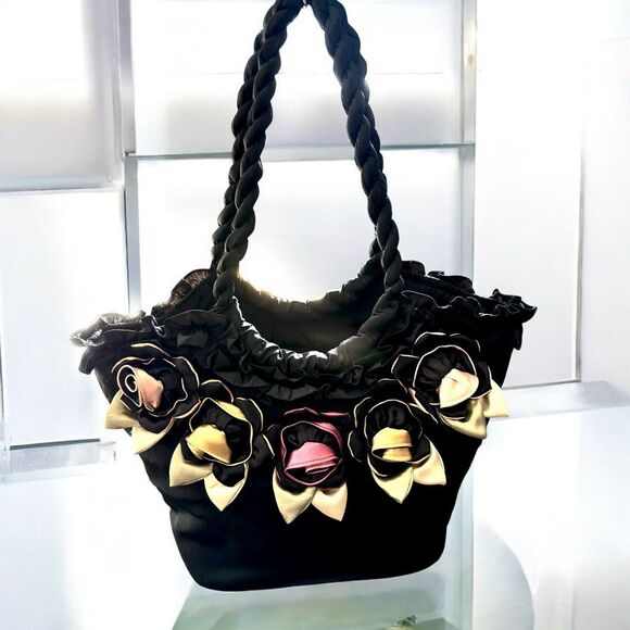 pashmina Handbags - Pashmina Black Fabric Lightweight Handbag with 3D Satin Color Flowers  ***Item: